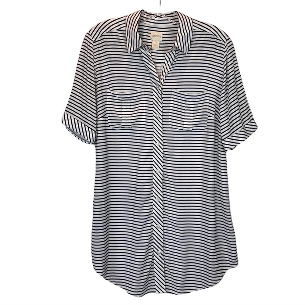 Chico’s Nautical Navy and White Striped Short Sleeve Collared Button-Up Top Sz S